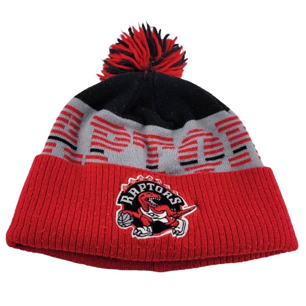 Vintage Adidas NBA Toronto Raptors Red Black Gray Winter Pom Pom Hat Taiwan Made